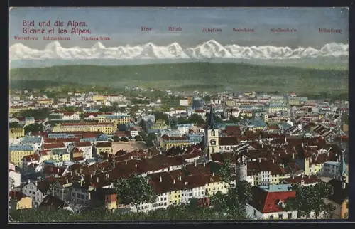 AK Biel, Totalansicht mit Alpen aus der Vogelschau