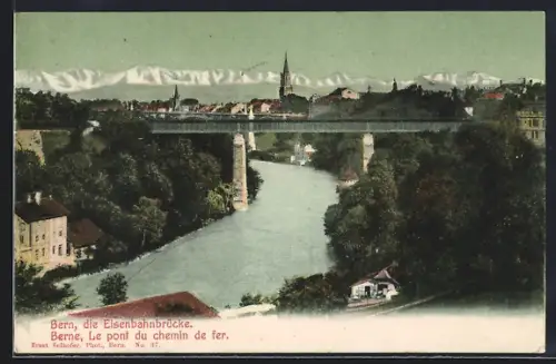AK Bern, Eisenbahnbrücke mit Stadt- u. Alpenpanorama