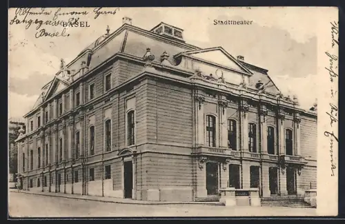 AK Basel, Stadttheater mit Strasse