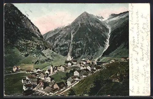 AK Goeschenen, Gesamtansicht mit Bergspitze aus der Vogelschau
