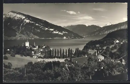 AK Spiez am Thunersee, Ortsansicht mit Nieder-, Wetter- u. Schreckhorn aus der Vogelschau