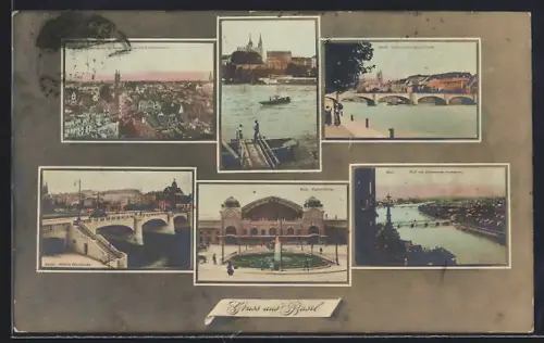 AK Basel, Bundesbahnhof, Mittlere Rheinbrücke mit Münster, Ortsansicht