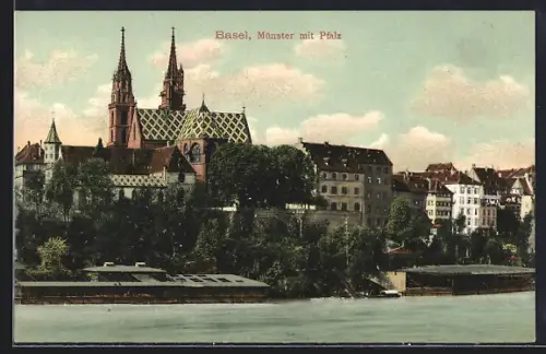 AK Basel, Münster mit Pfalz vom Wasser aus