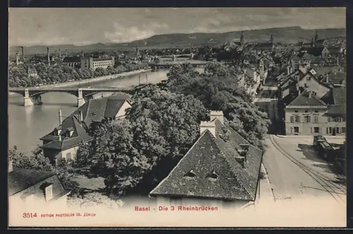 AK Basel, Teilansicht mit den 3 Rheinbrücken