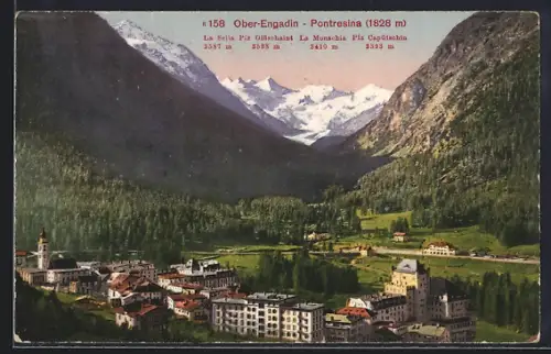 AK Pontresina, Ortsansicht mit Bergpanorama