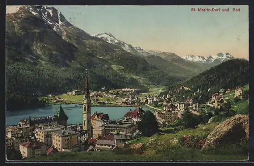 AK St. Moritz-Dorf, Ortsansicht mit Bad aus der Vogelschau