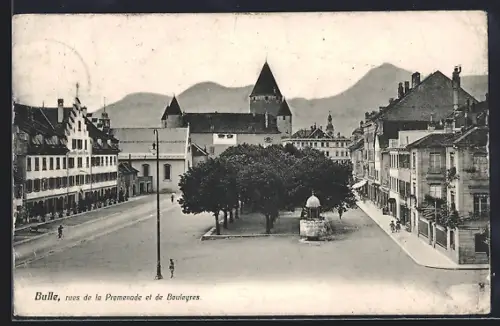 AK Bulle, Rues de la Promenade et de Bouleyres, Strassenpartien