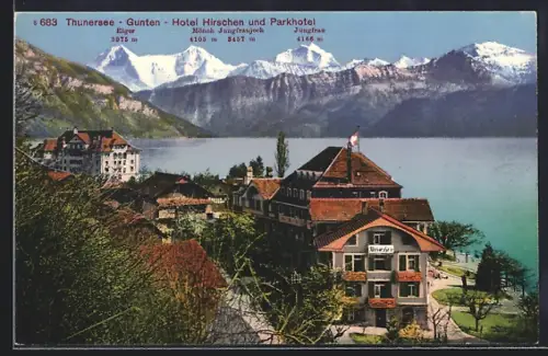AK Gunten /Thunersee, Hotel Hirschen und Parkhotel, Eiger, Mönch und Jungfrau