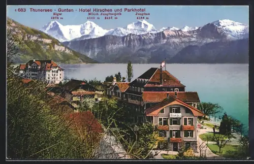 AK Gunten /Thunersee, Hotel Hirschen und Parkhotel, Eiger, Mönch und Jungfrau