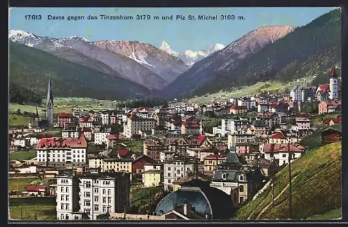 AK Davos, Ortsansicht gegen das Tinzenhorn und Piz St. Michel