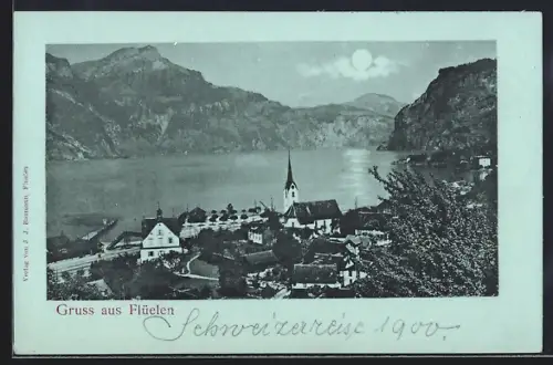 Mondschein-AK Flüelen, Teilansicht mit Kirche