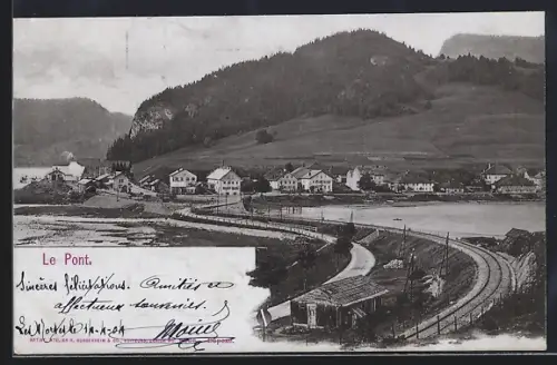 AK Le Pont, Panorama mit Bahngleisen