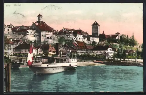 AK Morat, Uferpartie mit Dampfboot