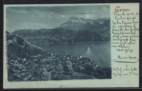 Mondschein-AK Gersau, Teilansicht mit Bergen