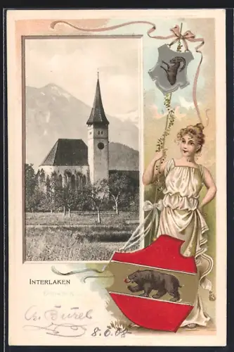 Lithographie Interlaken, Kirche, Frau mit Wappenschild