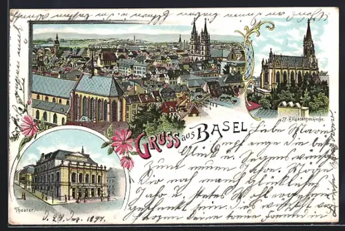 Lithographie Basel, Totalansicht, St. Elisabethenkirche, Theater