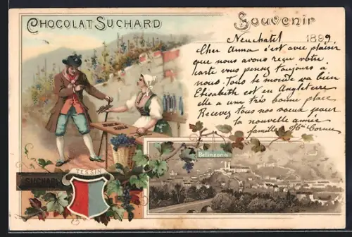Lithographie Bellinzona /Tessin, Teilansicht, Chocolat Suchard