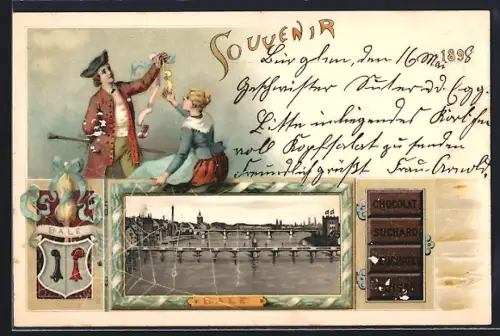 Lithographie Basel, Rheinbrücken, Werbung Chocolat Suchard
