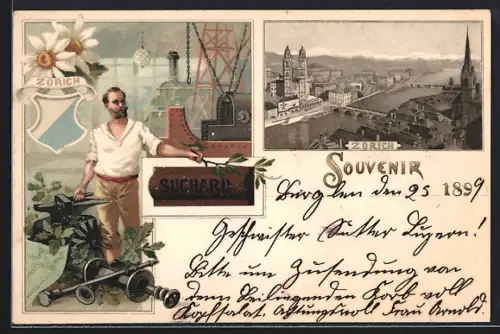 Lithographie Zürich, Reklame für Chocolat Suchard, Arbeiter steht am Amboss, Ortspanorama, Wappen