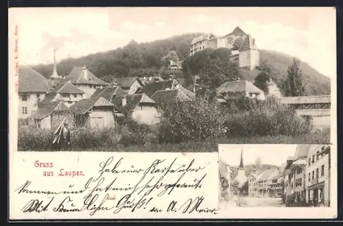 AK Laupen /BE, Ortsansicht, Strassenpartie mit Kirche