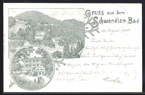 Lithographie Oberhünigen, Gruss aus dem Schwendlen-Bad, Ortsansicht, Haus mit Garten