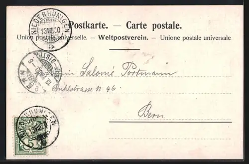 Lithographie Oberhünigen, Gruss aus dem Schwendlen-Bad, Ortsansicht, Haus mit Garten