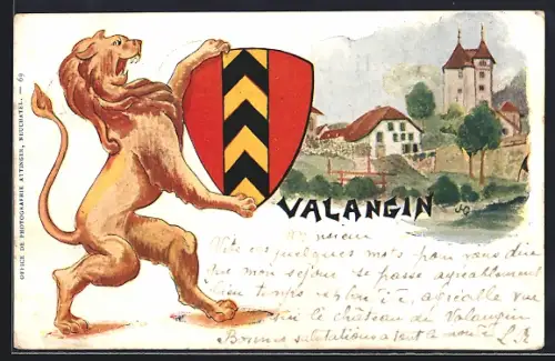 Lithographie Valangin, Ortsansicht, Löwe mit Wappenschild