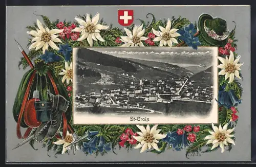 Lithographie St-Croix, Ortsansicht, Wappen, Edelweiss