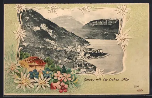 Lithographie Gersau, Ortsansicht mit der frohen Alp, Edelweiss