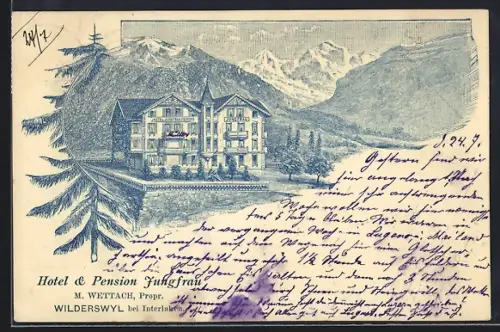 Lithographie Wilderswyl b. Interlaken, Hotel & Pension Jungfrau, Bes. M. Wettach
