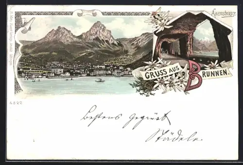 Lithographie Brunnen, Axenstrasse, Ortsansicht aus der Vogelschau