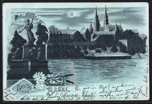 Mondschein-Lithographie Basel, Münster, St. Jacob-Denkmal