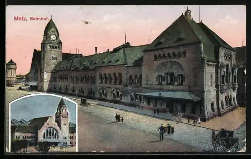 AK Metz, Der Bahnhof, Leute und Pferdekutsche davor, Nouvelle gare