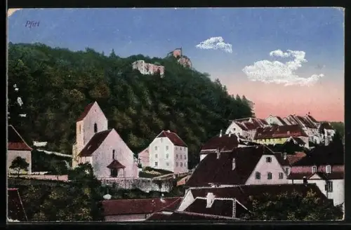 AK Pfirt, Teilansicht des Ortes mit Burgruine