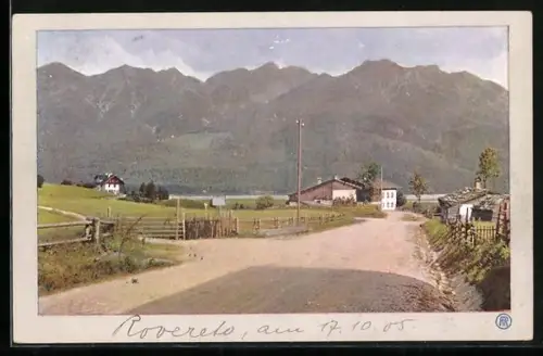 Künstler-AK Wallgau, Ortsansicht mit Karwendel