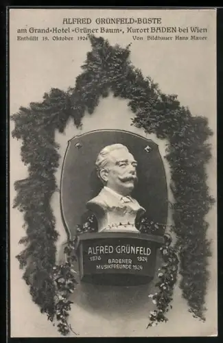 AK Baden, Alfred Grünfeld-Büste am Grand-Hotel Grüner Baum, enthüllt 1924