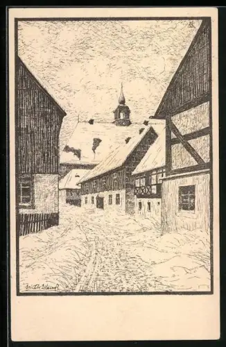 Künstler-AK Katharinenberg, Ortspartie mit verschneiten Häusern