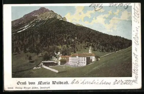 AK Mühlbachl /Tirol, Maria Waldrast mit Bergspitze und Umgebung