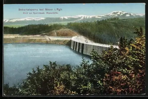 AK Mauer im Riesengeb., Bobertalsperre-Blick zur Sperrmauer, Wasserseite