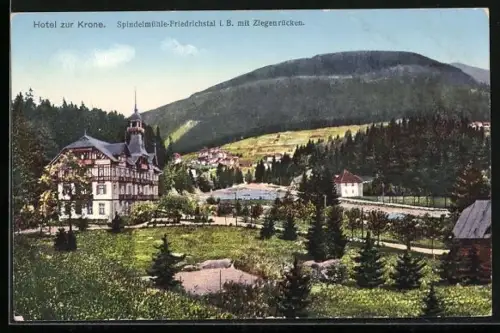 AK Spindlermühle-Friedrichstal i. B., Hotel zur Krone und Ort mit Ziegenrücken