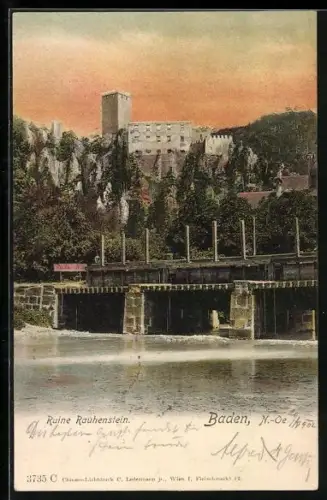 AK Baden bei Wien, Ruine Rauhenstein mit Brücke
