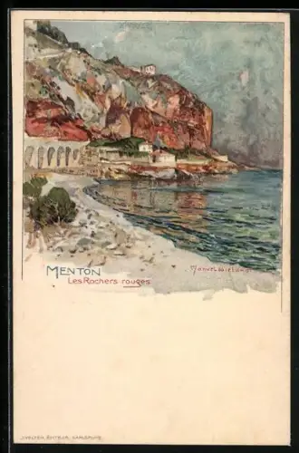 Künstler-Lithographie Manuel Wielandt: Menton, Les Rochers rouges