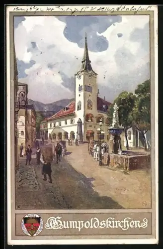 Künstler-AK Gumpoldskirchen, am Brunnen vor der Kirche, Deutscher Schulverein