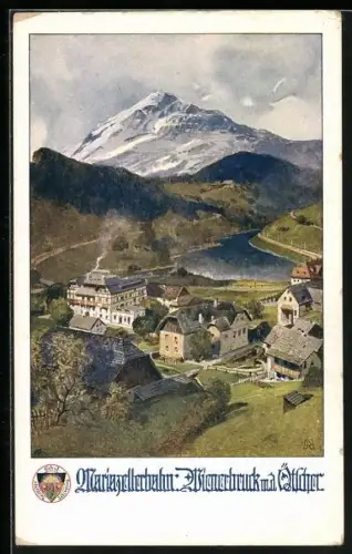 Künstler-AK Wienerbruck a. Ötscher, Ortsansicht mit Bergpanorama, Deutscher Schulverein