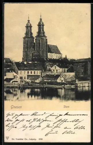 AK Gnesen-Gniezno, Dom mit Häusern davor