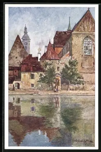 Künstler-AK E.F. Hofecker: Budweis / Ceske Budejovice, Partie an der Waltsch