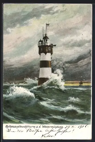 AK Rothesandleuchtturm an der Wesermündung bei stürmischer See
