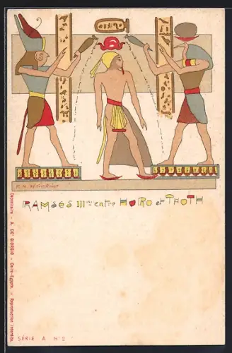 Künstler-AK Ägypten, Ramses IIIme entre Horo et Thoth, Ramses III. mit Horus und Thoth