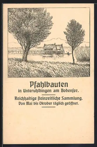 Künstler-AK Unteruhldingen am Bodensee, Steinzeitliche Pfahlbauten