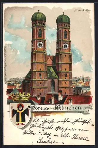 AK München, Blick auf die Frauenkirche mit Wappen
